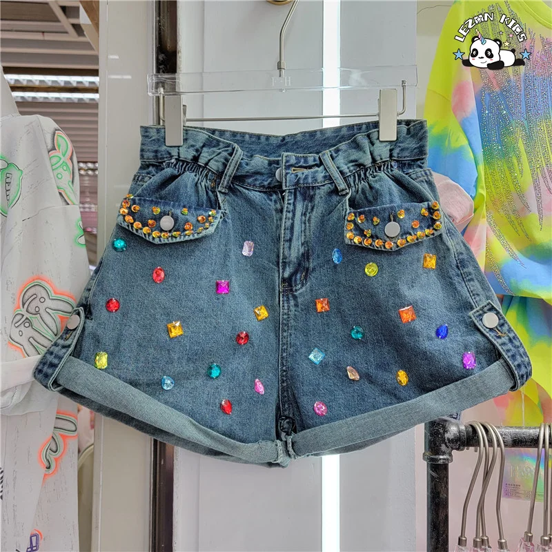 LEZONKIDS - Shorts de jeans infantis de alta qualidade, boutique personalizável, cristais à mão, shorts para meninas